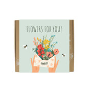 Gaveæske fra Blossombs med blomsterfrø og teksten Flowers for you til en personlig værtsgave.