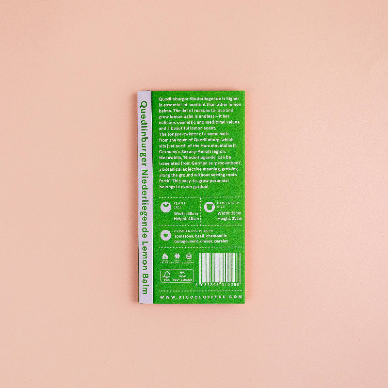 Frøpose med Quedlinburger citronmelissefrø fra Piccolo Seeds – høj olieprocent og frisk citronduft