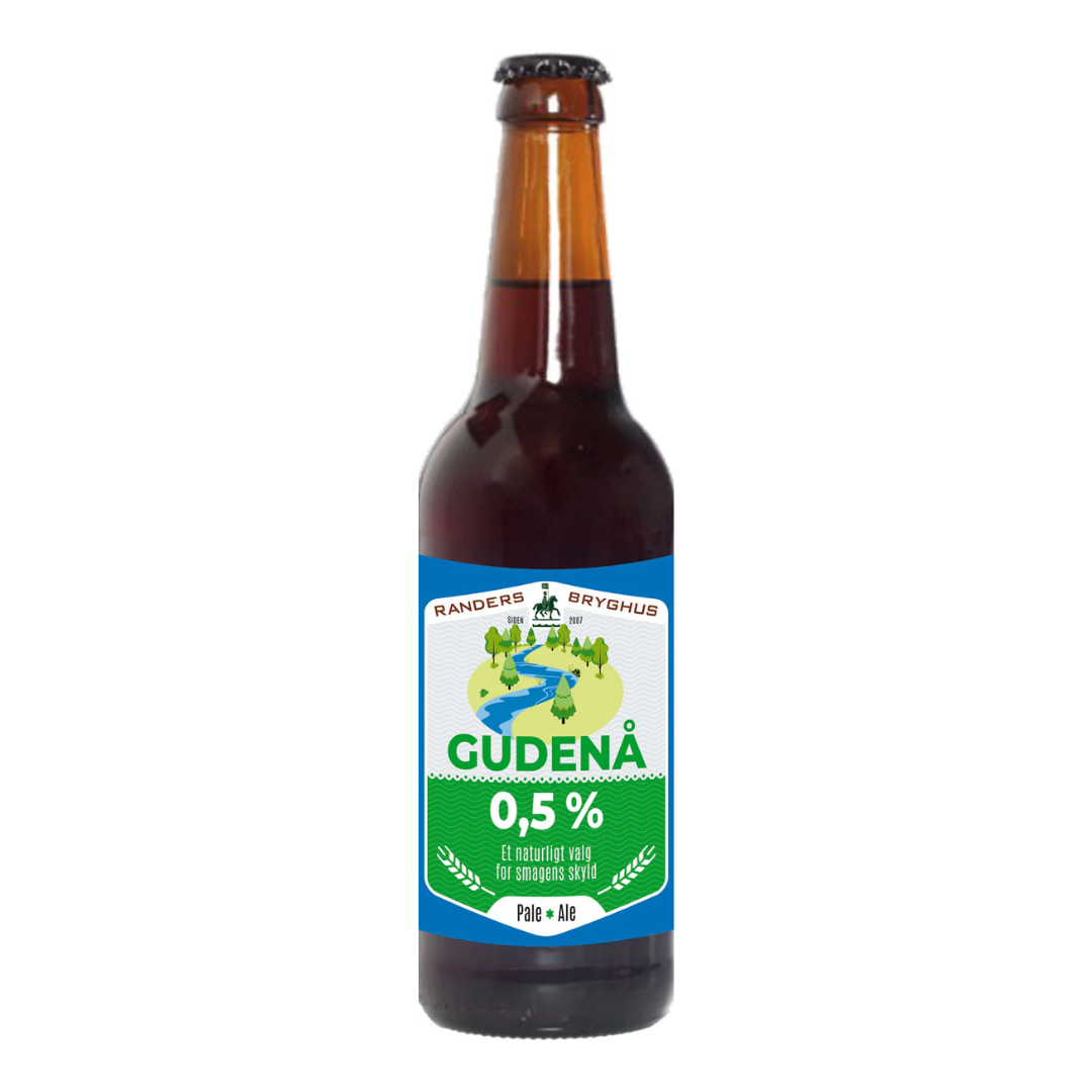 Gudenå 0,5% alkoholfri Pale Ale fra Randers Bryghus i glasflaske.