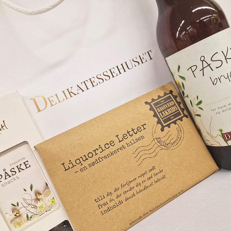 Gavepose med påskebryg, Bagsværd Lakrids og Xocolatl påskesnacks fra Delikatessehuset.