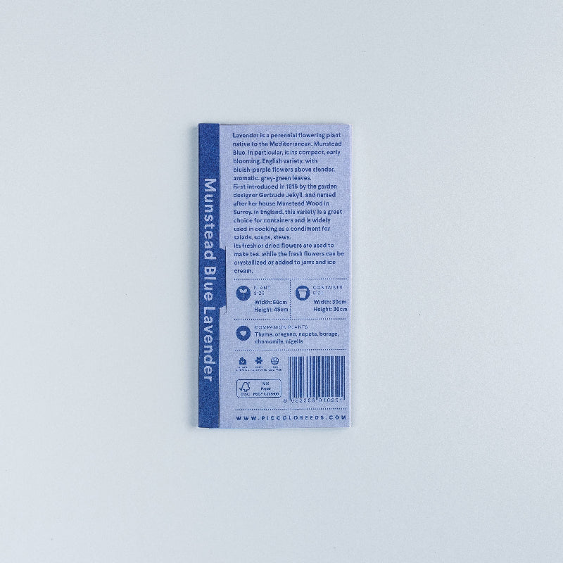 Frøpose med Munstead Blue lavendelfrø fra Piccolo Seeds – kompakt sort med blålig-lilla blomster og stærk aroma