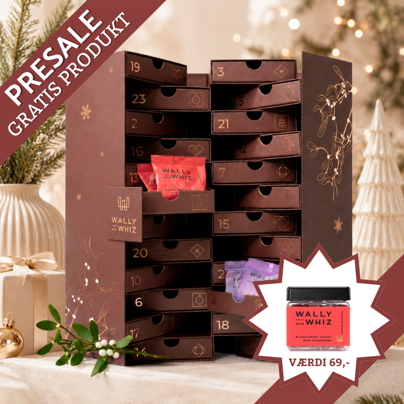Presale, Julekalender fra Wally og Whiz med vingummi. Delevenlig kalender. Bestil i god tid og få en gratis bøtte lakrids med uden beregning. 