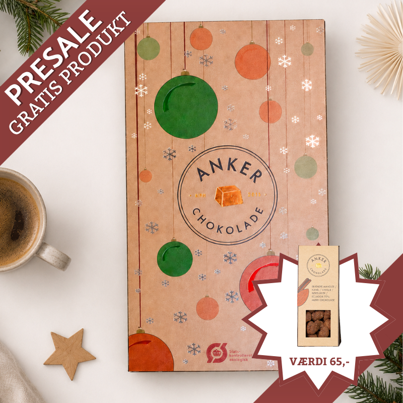 Elegant chokoladejulekalender fra Anker Chokolade fyldt med økologiske varianter og nye smagsoplevelser – perfekt til chokoladeelskere.