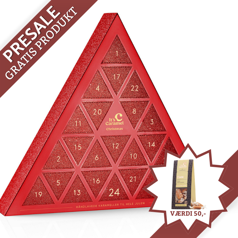 Karamelleriet julekalender i trekantet glitrende design med 24 låger fyldt med bløde fudge-karameller, chokoladeovertrukne karameller og håndlavede klippestykker.	