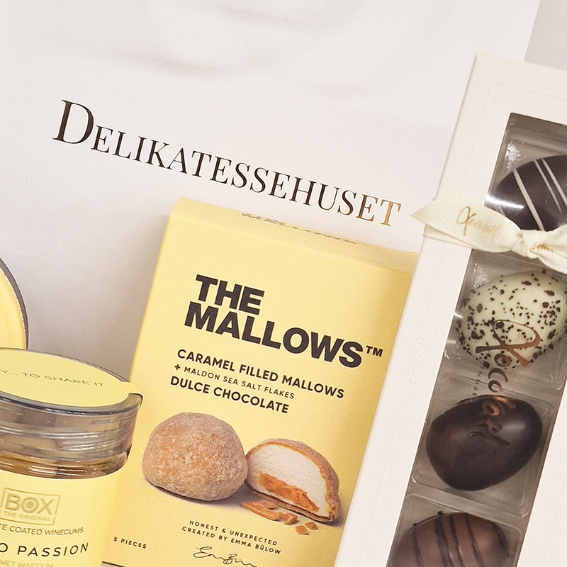 Gavepose med påskelækkerier fra The Mallows, Xocolatl og Delikatessehuset til en sød påskehilsen.