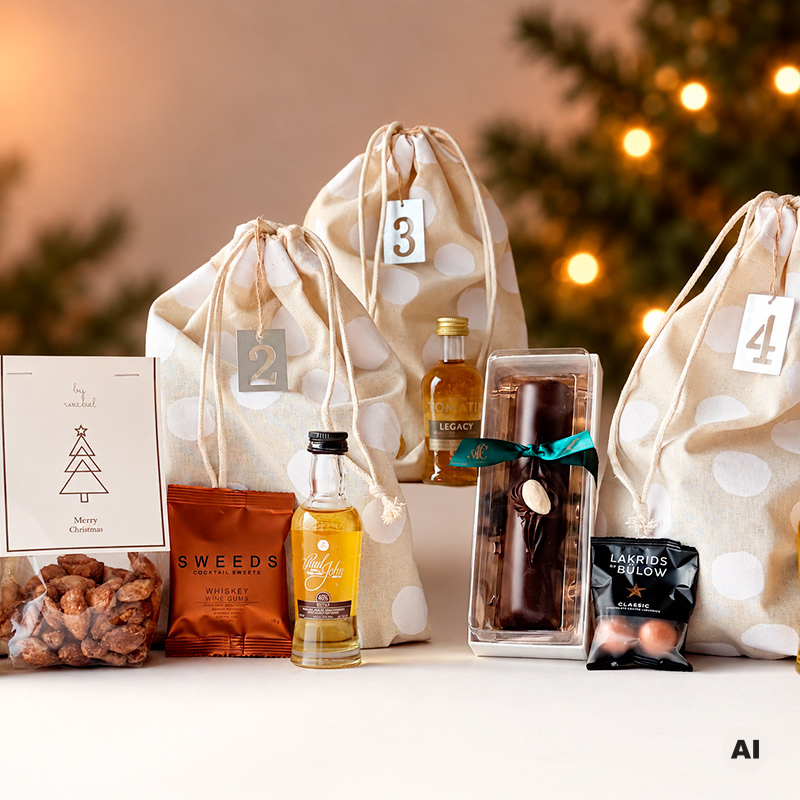 Adventskalender med Whisky og lækkerier. Forkæl en whisky elsker med en hyggelig adventskalender fra Delikatessehuset. 