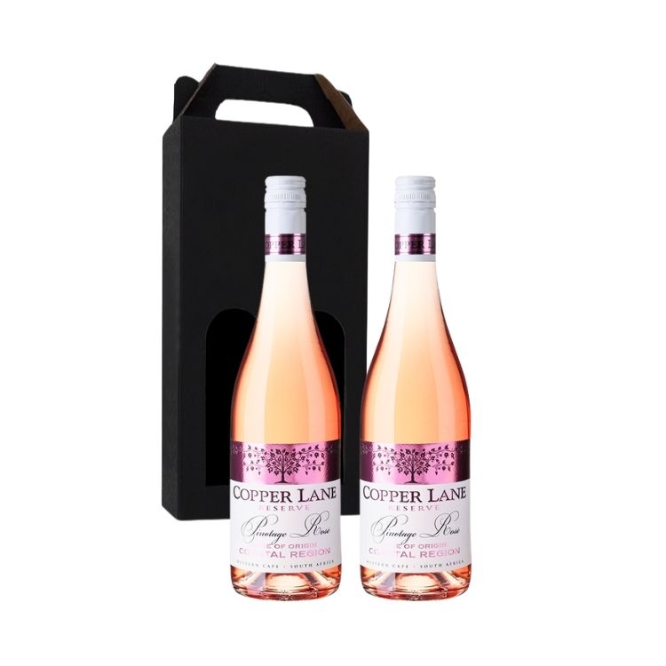Gaveæske med to flasker Copper Lane Pinotage Rosé vin, ideel som værtsgave.