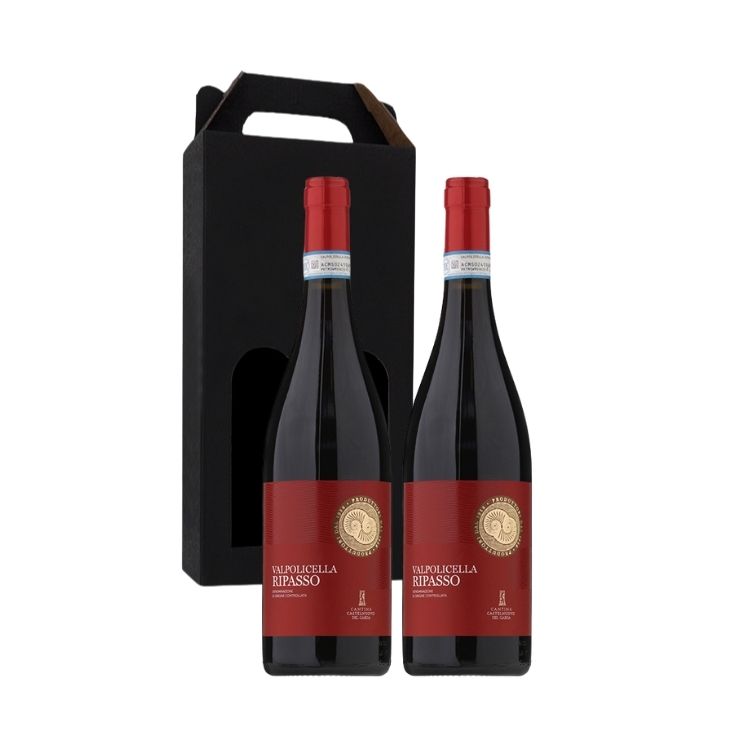 Gaveæske med to flasker Valpolicella Ripasso rødvin, ideel som firmagave eller vingave.