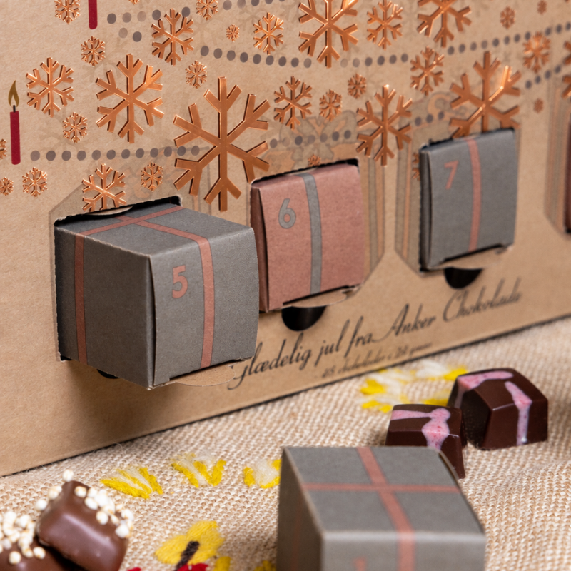 Julekalender til 2 personer med fyldte chokolader fra Anker Chokolade