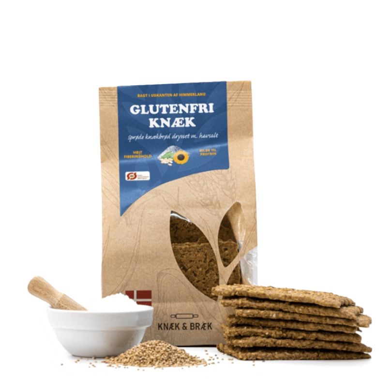 Glutenfri knækbrød med havsalt fra Knæk og Bræk i en pose.