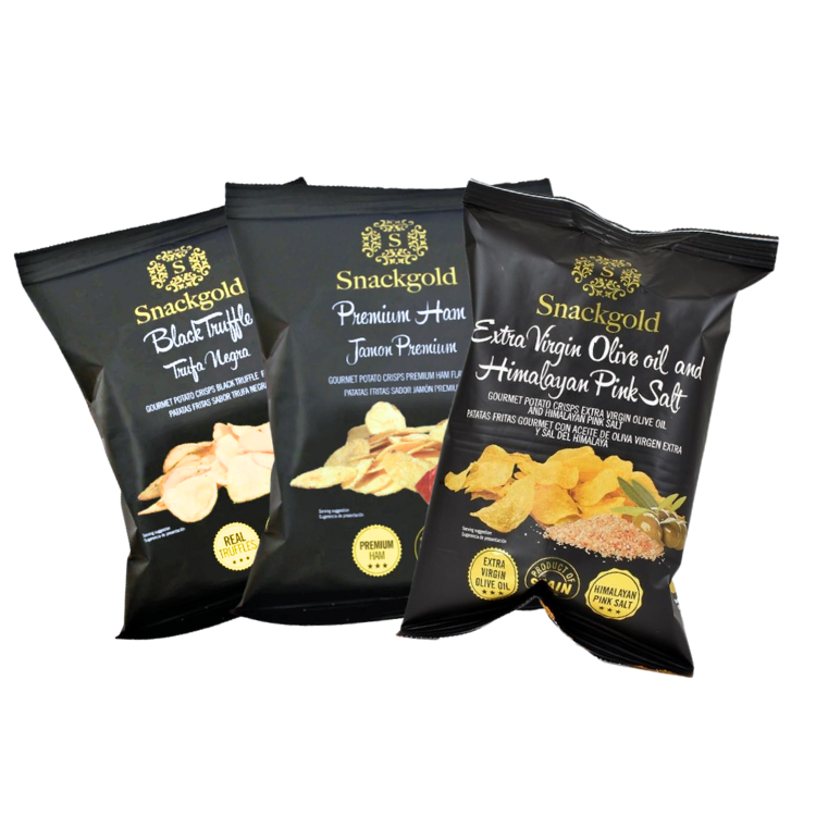 Tre poser Snackgold gourmet chips med smag af trøffel, skinke og havsalt.