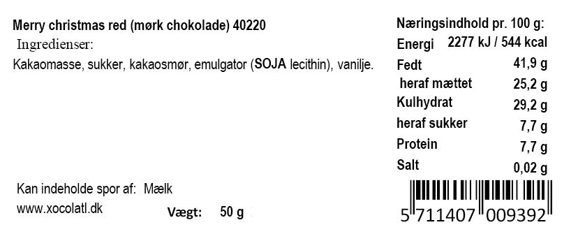 Ingrediensliste for Julechokoladebar med 70% mørk chokolade fra Xocolatl