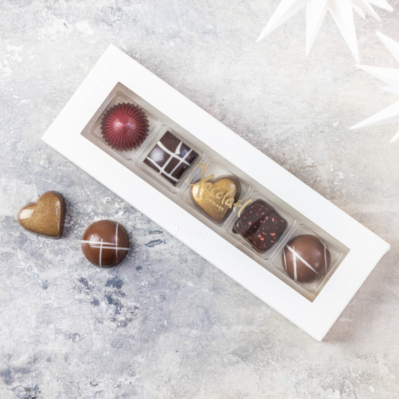 Christiansfelder gaveæske med 5 fyldte chokolader fra Xocolatl – gaveæske med 5 fyldte chokolader