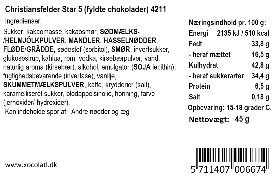 Ingrediensliste for Christiansfelder gaveæske med 5 fyldte chokolader fra Xocolatl