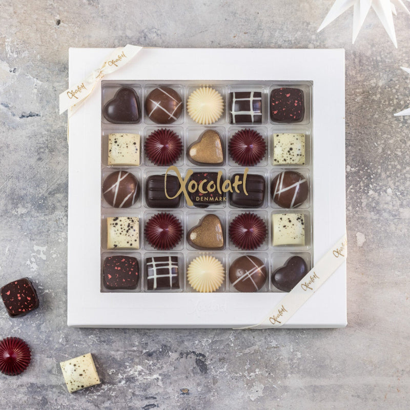 Christiansfelder gaveæske med 25 fyldte chokolader fra Xocolatl – gaveæske med 25 fyldte chokolader