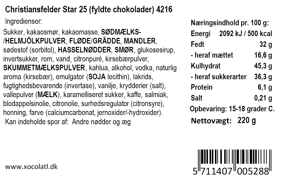 Ingrediensliste for Christiansfelder gaveæske med 25 fyldte chokolader fra Xocolatl