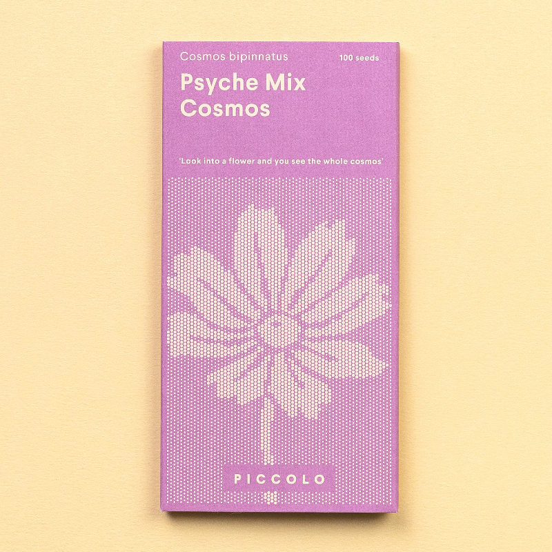 Frøpose med Cosmos Psyche Mix blomsterfrø fra Piccolo Seeds – store blomster i crimson, lavendel-rosa og hvid