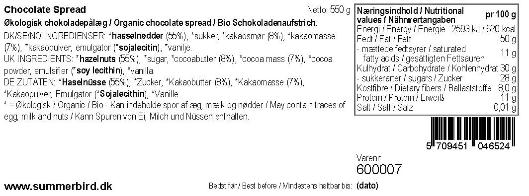 Næringsindhold og ingrediensliste for økologisk chokoladepålæg med hasselnødder fra Summerbird.