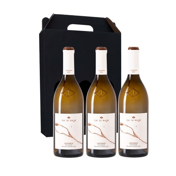 Gaveæske med tre flasker Ca di Rajo Sauvignon hvidvin, ideel som firmagave.
