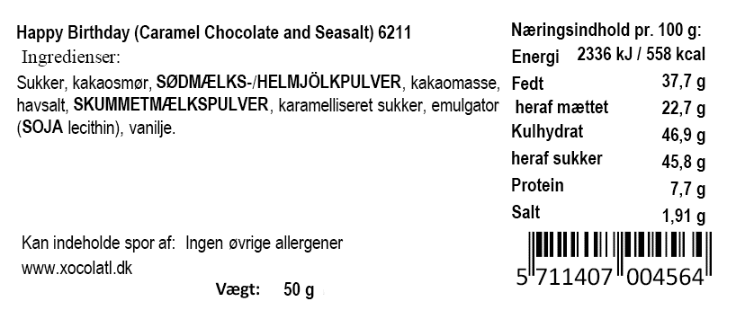 Næringsindhold og ingrediensliste for Happy Birthday Caramel Chocolate and Seasalt fra Xocolatl.