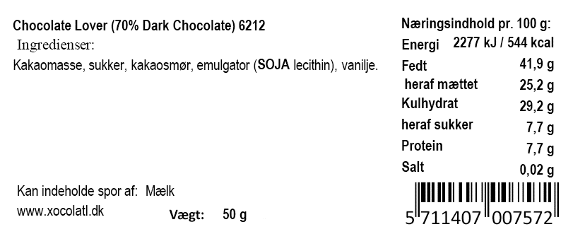 Ingrediensliste og næringsindhold for Chocolate Lover 70% mørk chokolade fra Xocolatl.