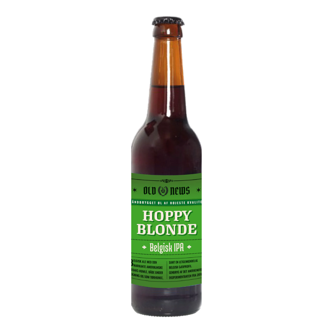 Flaske med Old News Hoppy Blonde Belgisk IPA specialøl til gavekurve og selvforkælelse.