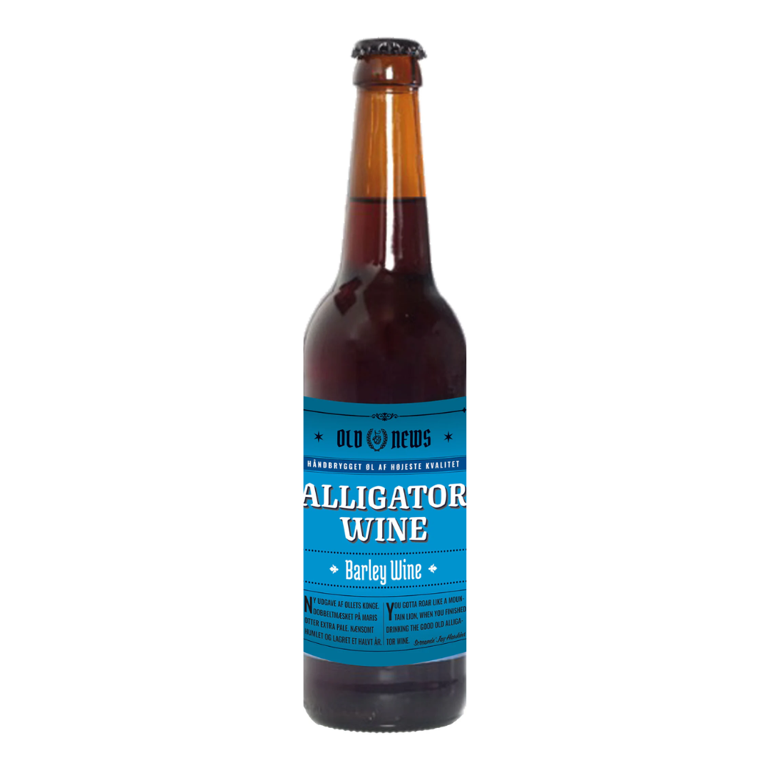 Randers Bryghus Alligator Wine Barley Wine flaske med blå etikette fra Old News serien.