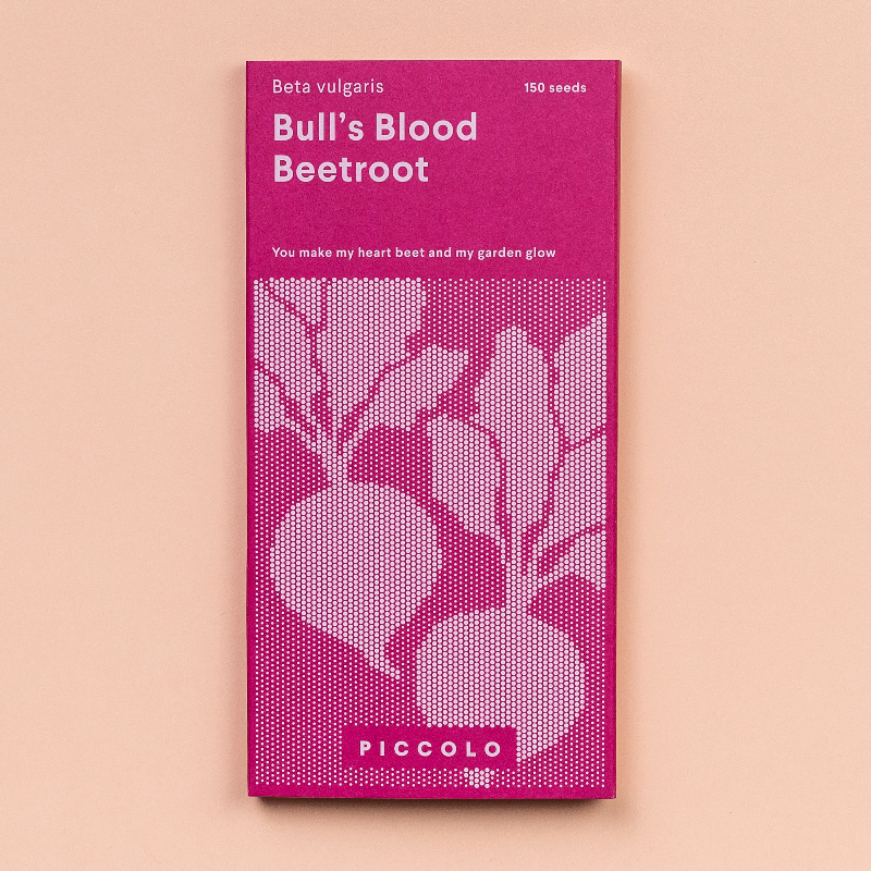 Frøpose med Bull's Blood rødbederfrø fra Piccolo Seeds – viktoriansk arvestykke med dybe burgunderfarvede blade og rødder