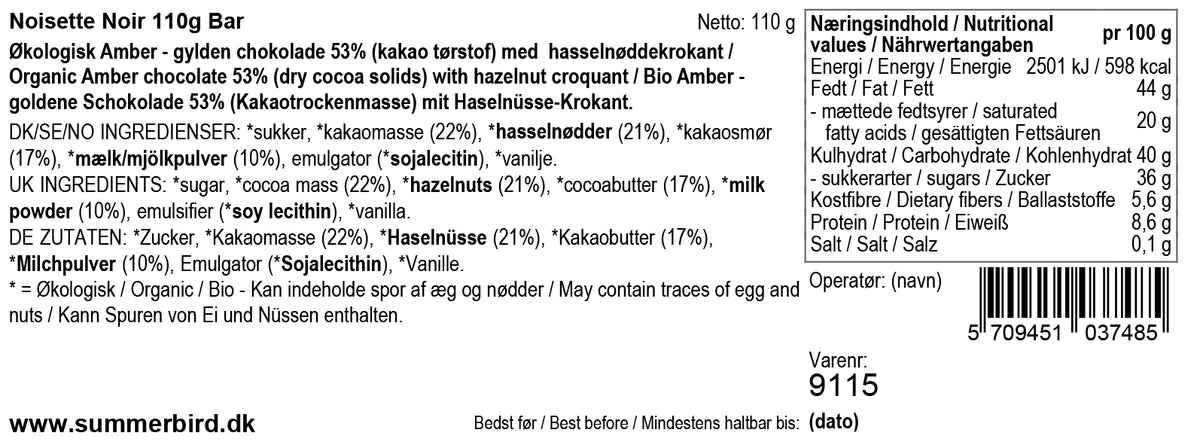 Chokoladeplade, Noisette Noir, Summerbird