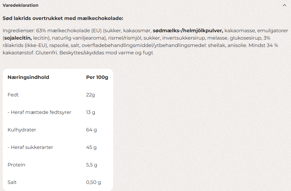 Varedeklaration og næringsindhold for Lakrids by Bülow A - The Original med mælkechokolade.
