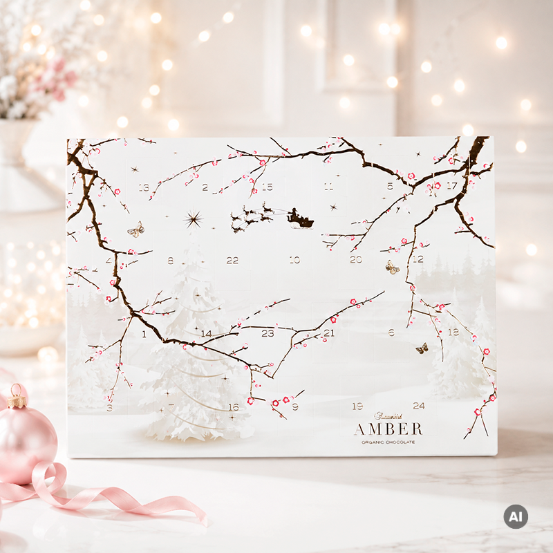 Summerbird Amber julekalender med 24 låger fyldt med chokoladebarer, fyldte chokolader, trøfler og dragéer lavet af den ikoniske Amber chokolade