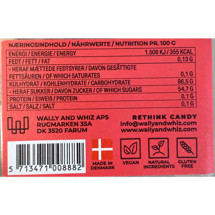 Næringsindhold og produktinformation for Wally and Whiz gourmet-vingummi med veganske og glutenfri symboler.