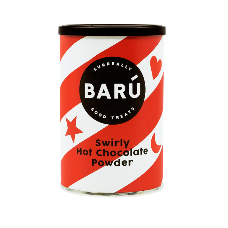 Baru Swirly Hot Chocolate Powder i rød og hvidstribet dåse fra Delikatessehuset.