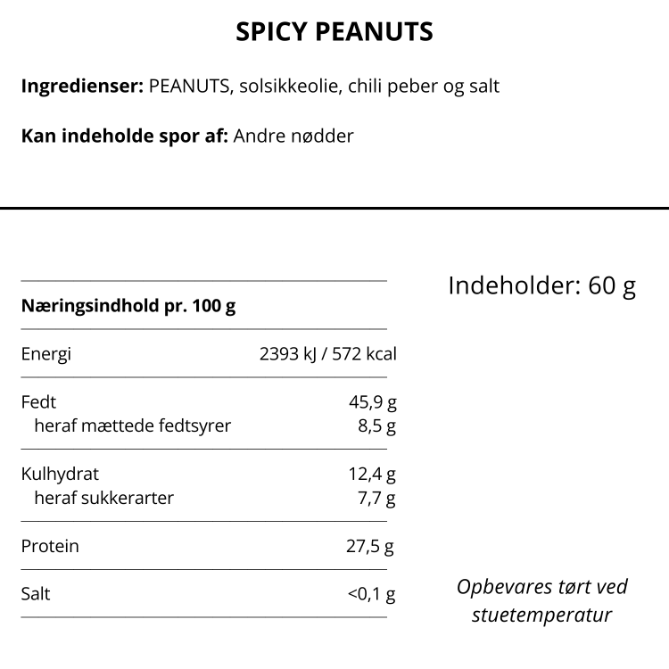 Næringsdeklaration og ingrediensliste for BonCoca Spicy Peanuts med chili og salt.
