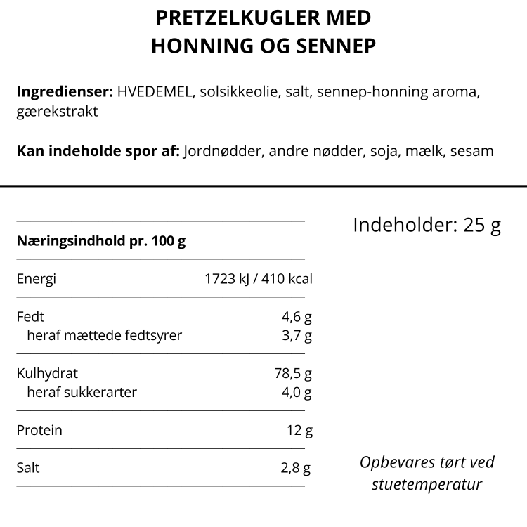Ingrediensliste og næringsindhold for pretzelkugler med honning og sennep fra Bon Coca.