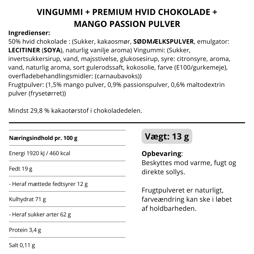 STORKØB, Vingummi med hvid chokolade, passionsfrugt og mango. Flowpack - Box the original (50 stk.)