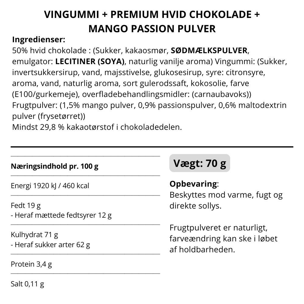 Vingummi med hvid chokolade, passionsfrugt og mango. Snack pack - Box the original