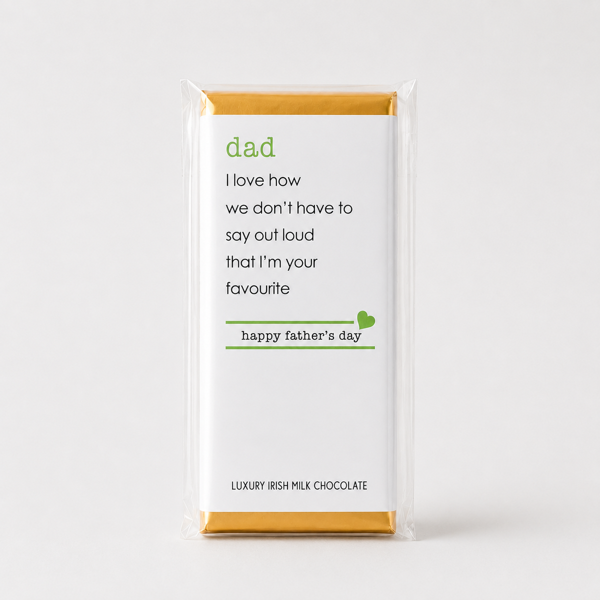 Budskabschokolade “Dad, I love how we don’t have to say out loud that I’m your favourite” med belgisk mælkechokolade og minimalistisk fars dags-design.
