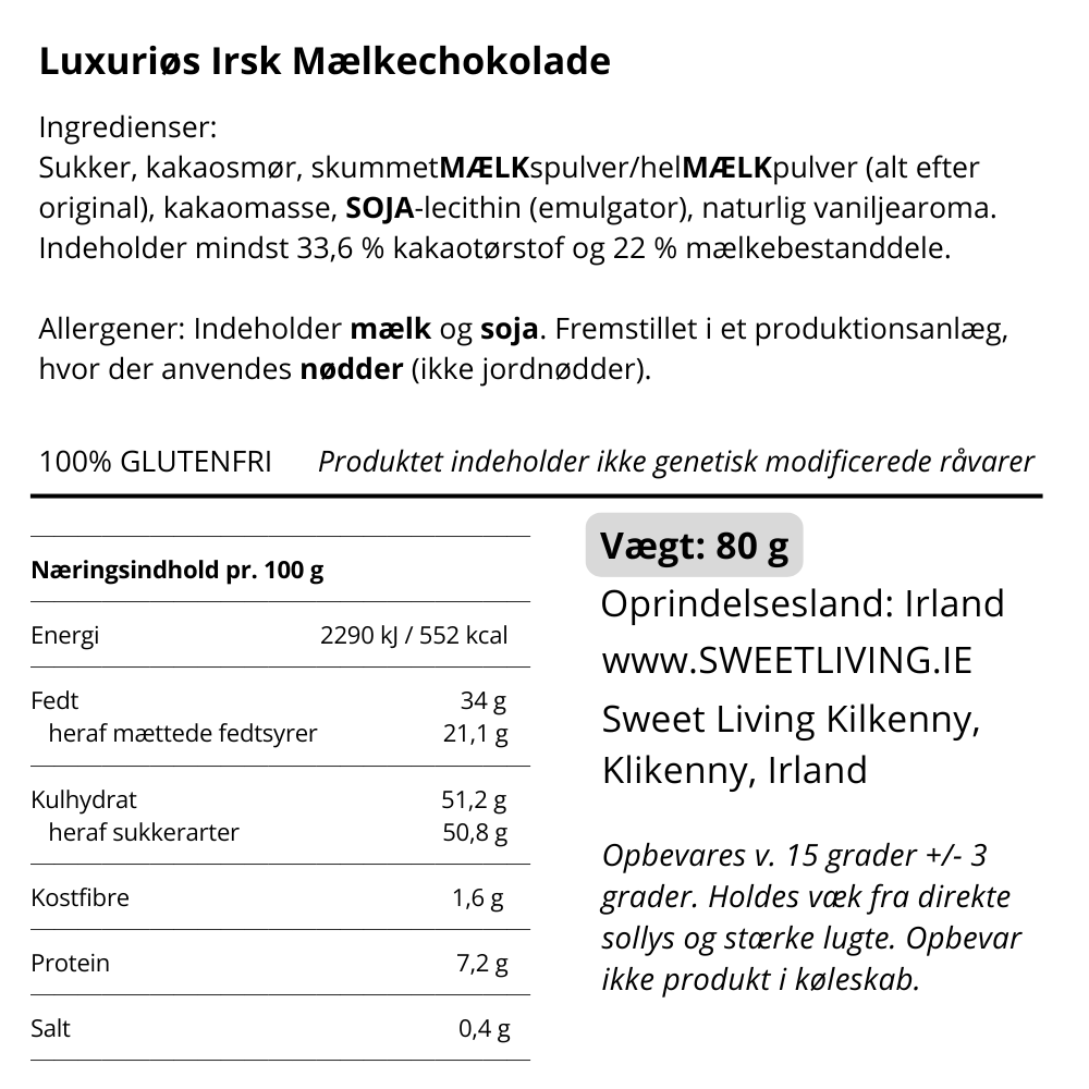Næringsindhold og ingrediensliste for luxurioes irsk mælkechokolade fra Sweet Living Irland.