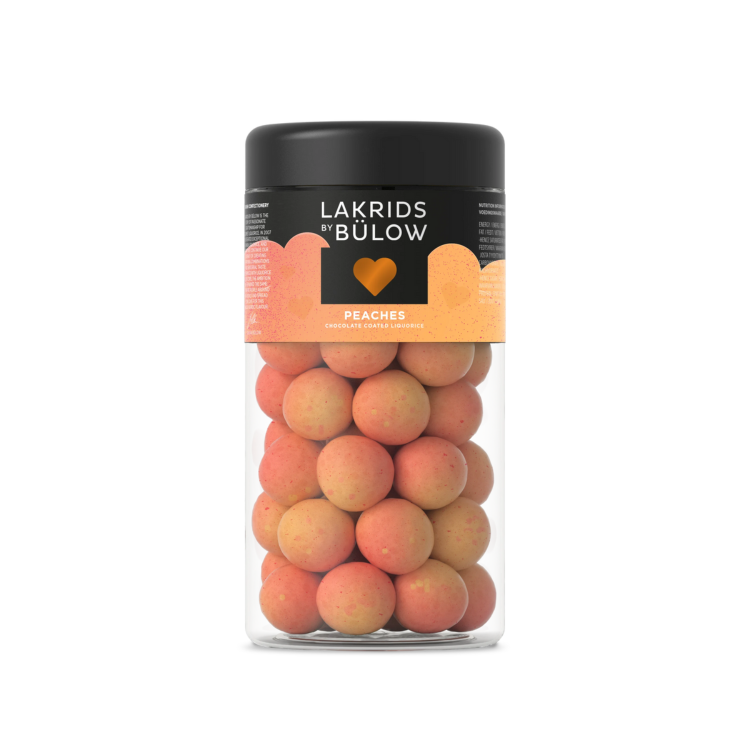 Bøtte med Lakrids by Bülow Peaches chokoladedrageret lakrids med smag af fersken.