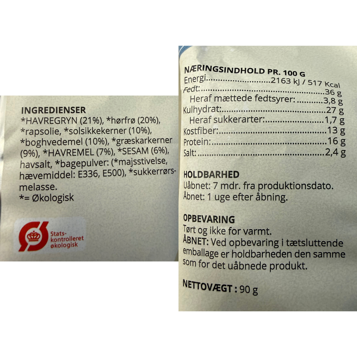 Næringsindhold og ingrediensliste på emballagen for økologiske delikatesser fra Løgismose eller Bülow.