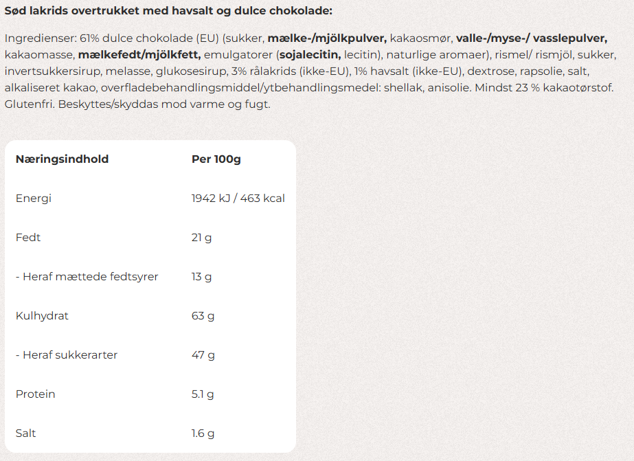 Næringsindhold og ingrediensliste for Lakrids by Bülow D med salt og karamel.
