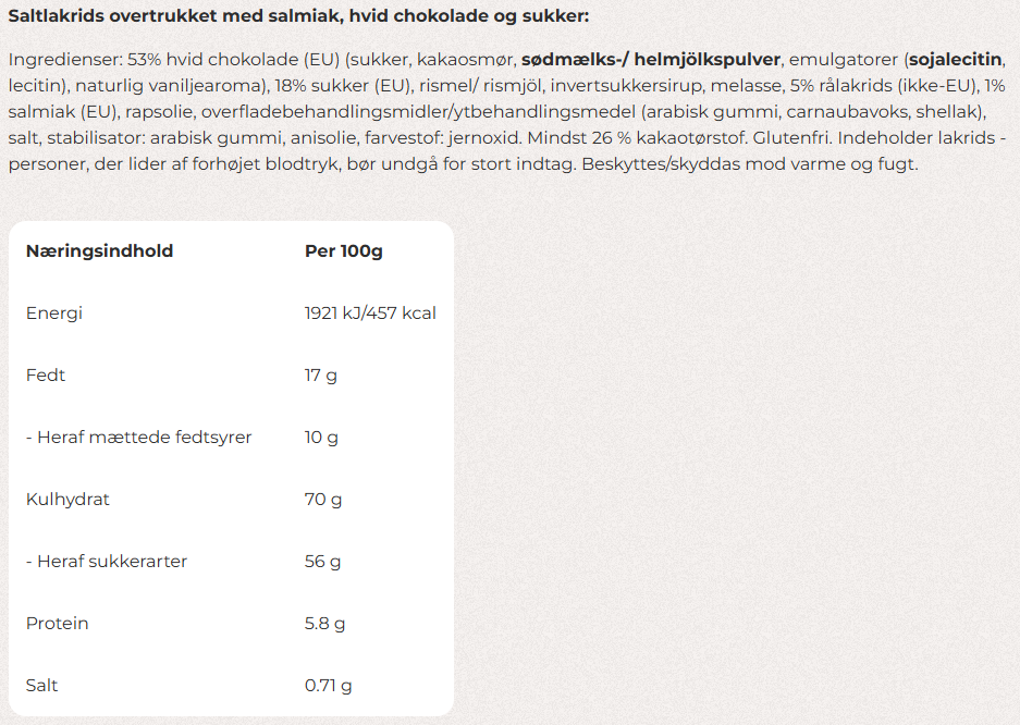 Næringsindhold og ingrediensliste for Lakrids by Bülow E Salmiak med saltlakrids og hvid chokolade.