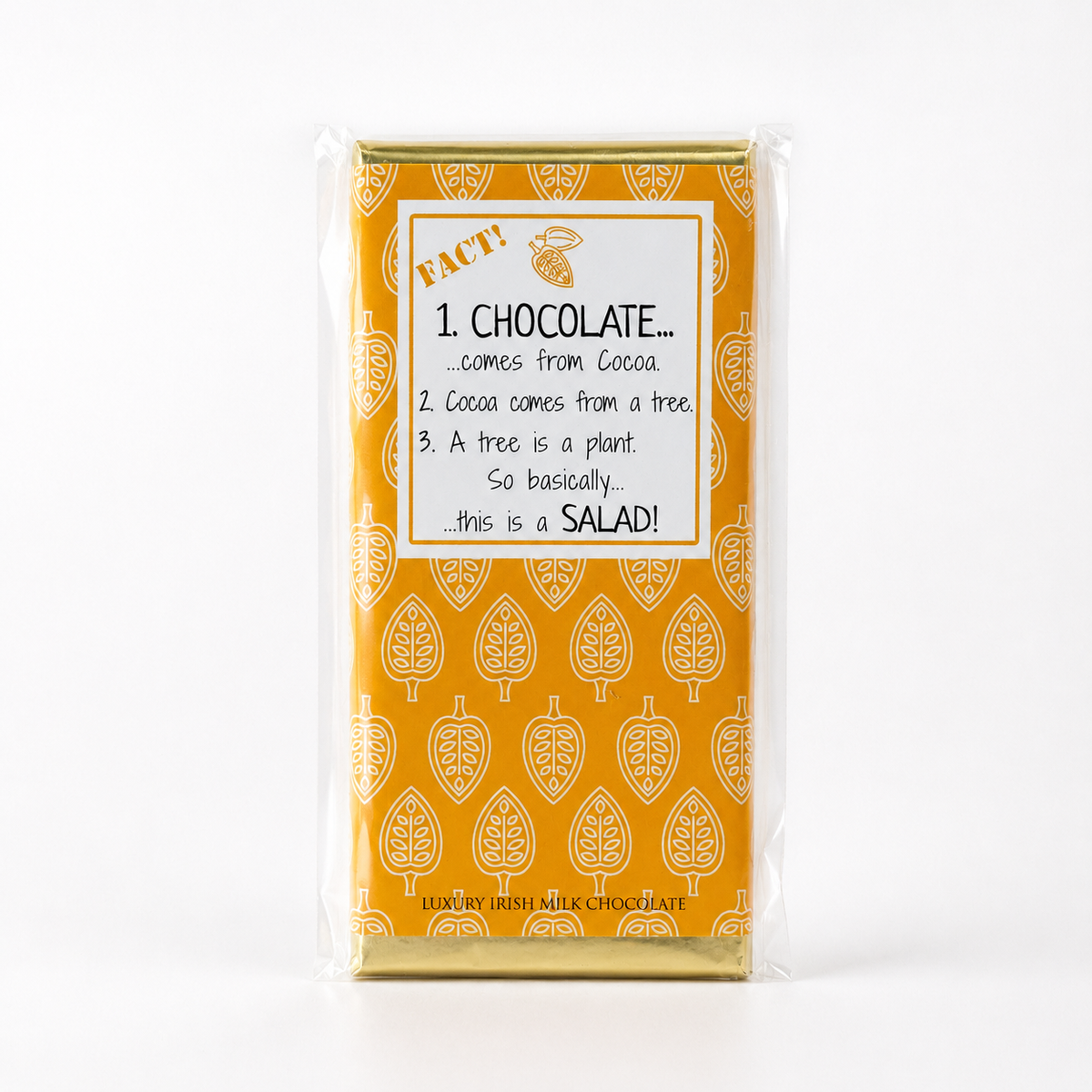 Budskabschokolade “Chocolate is a Salad” med belgisk mælkechokolade og humoristisk orange emballage.