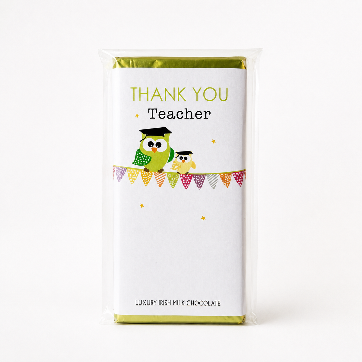 Budskabschokolade “Thank You Teacher” med belgisk mælkechokolade og dekorativt lærerdesign med ugler.