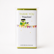 Budskabschokolade “Thank You Teacher” med belgisk mælkechokolade og dekorativt lærerdesign med ugler.