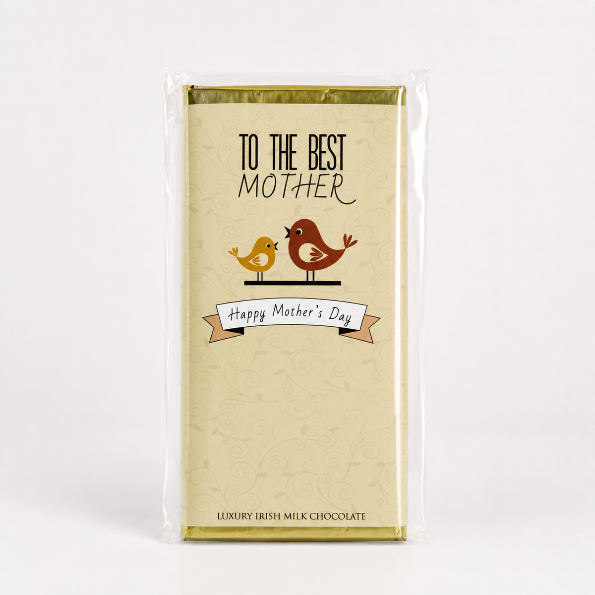 Budskabschokolade “To the Best Mother” med belgisk mælkechokolade og elegant mors dags-design med fugle.