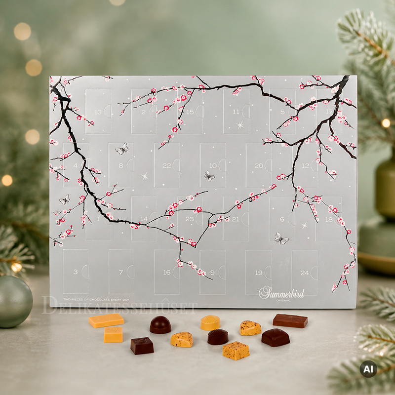 Summerbird julekalender i sølv design med 24 låger fyldt med økologisk luksuschokolade i 12 varianter, inkl. marcipan, ganache og små barer.