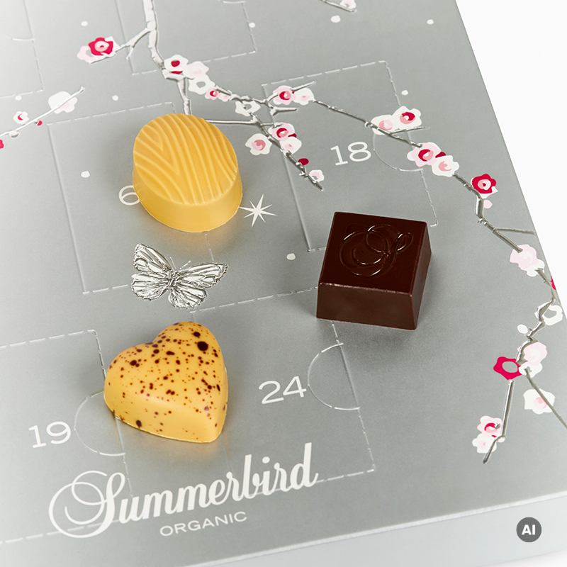 Summerbird julekalender i sølv design med 24 låger fyldt med økologisk luksuschokolade i 12 varianter, inkl. marcipan, ganache og små barer.