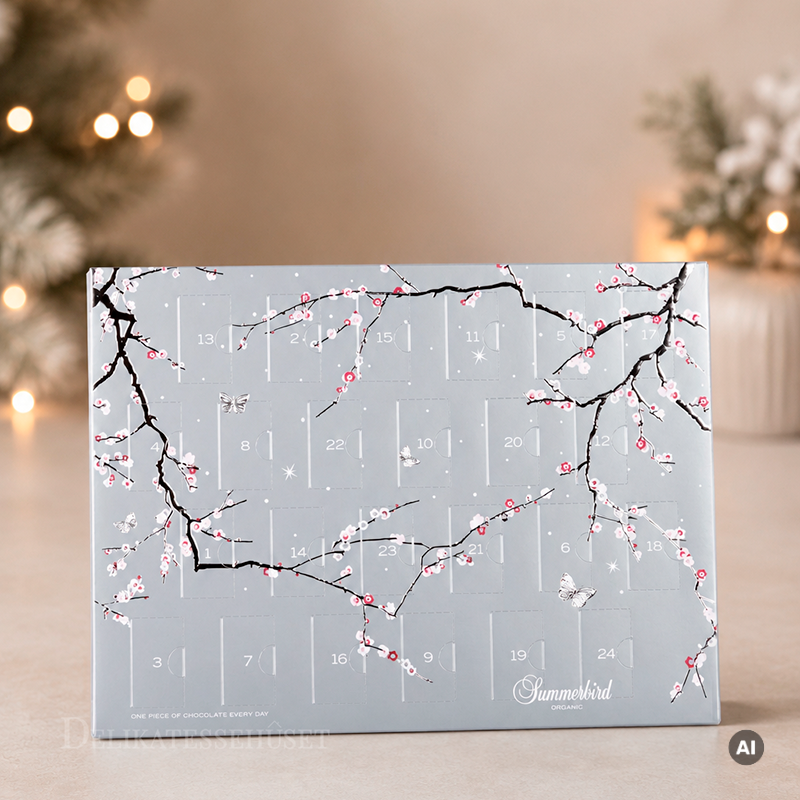 Summerbird julekalender i elegant sølvdesign med 24 låger fyldt med økologiske luksuschokolader i 12 forskellige varianter.